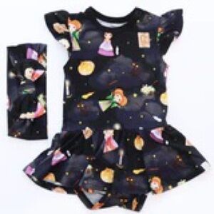 Little snuggles bamboo sisterly spells twirl skirt bodysuit with headband